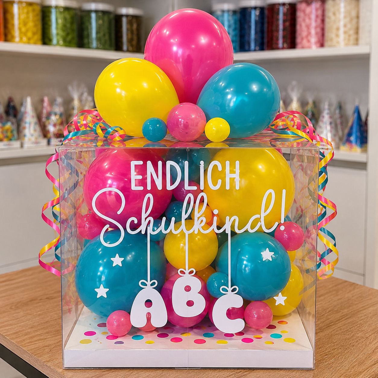 Personalisierte Ballonkiste zur Einschulung mit „Endlich Schulkind“.