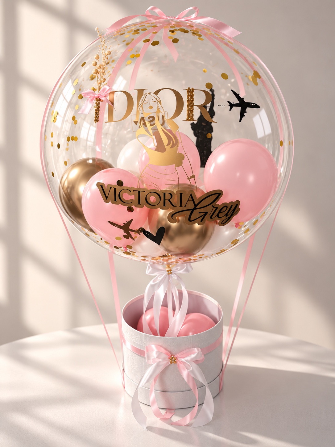 Personalisierter Bubble Balloon mit Reise-Motiv, Namen und rosa Ballons als Geschenk in Stuttgart